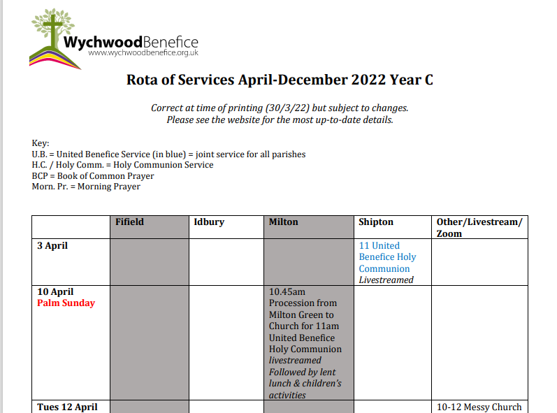 Rota of services April-Dec 2022